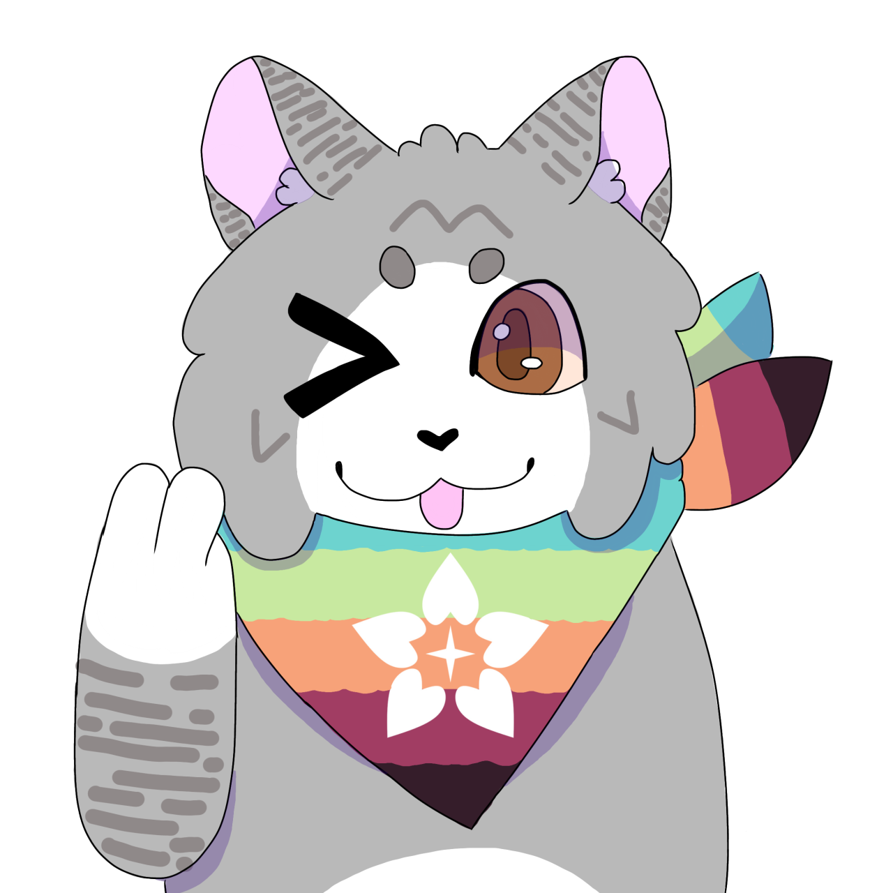 The mascot, a grey cat wearing a bandanna with the anti radqueer inclusionist flag on it