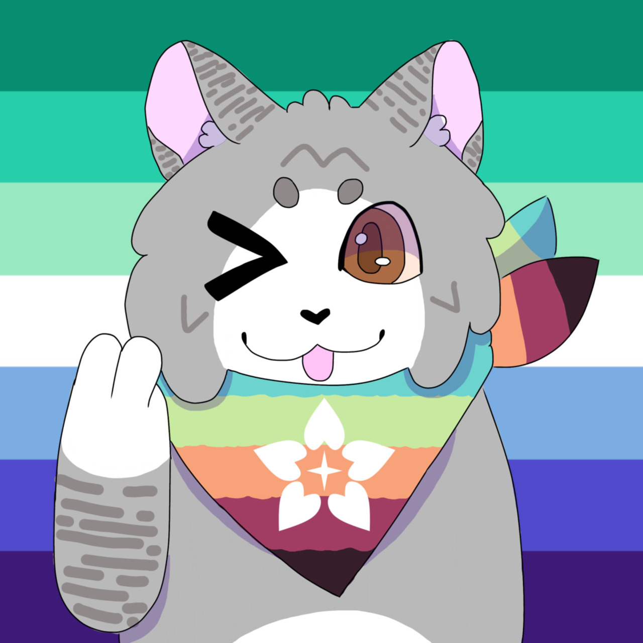 Icon of the cat with the gay man pride flag behind it